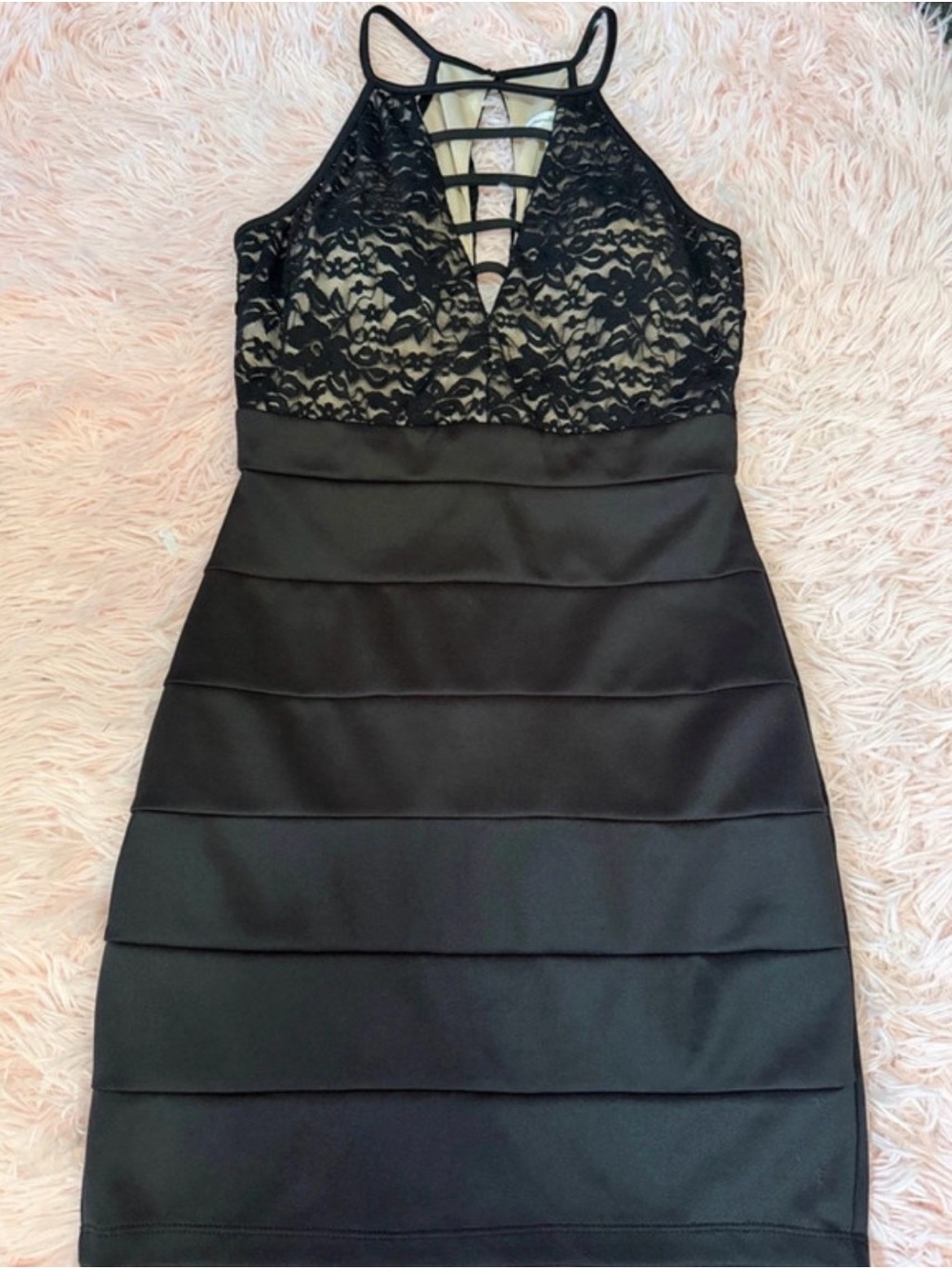 Emerald Sundae Black Lace Halter Mini Dress